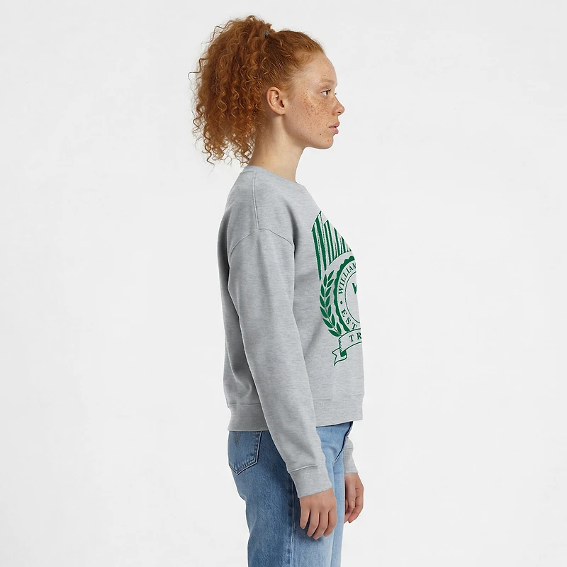 Sweat-shirt à col rond Powerblend gris chiné pour femme, orné de l'écusson académique la tribu William & Mary.