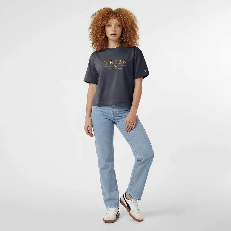 Women's Champion Navy William & Mary Tribe Waist Length Wordmark T-Shirt