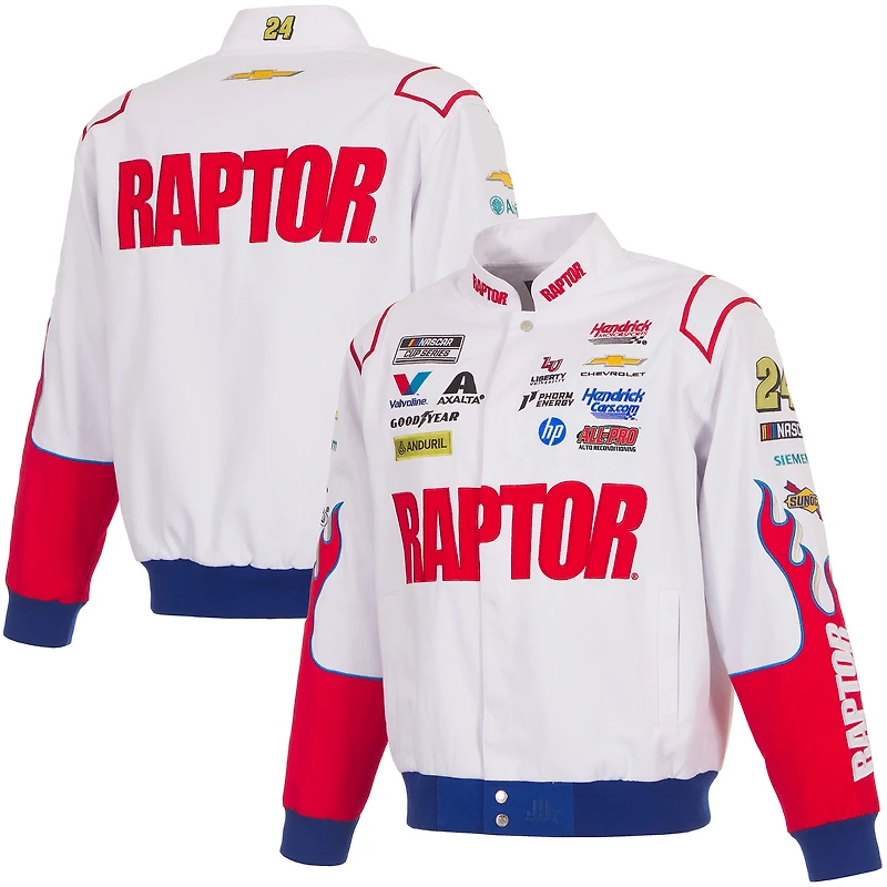 Veste de course en sergé à boutons-pression JH Design pour homme, modèle William Byron 2026 Raptor, blanche.
