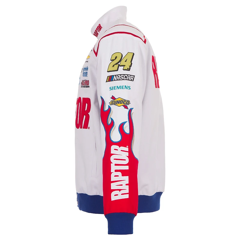 Veste de course en sergé à boutons-pression JH Design pour homme, modèle William Byron 2026 Raptor, blanche.
