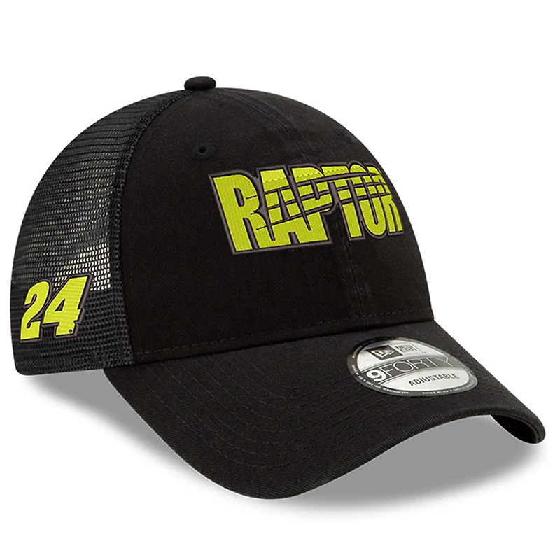 Casquette ajustable ajustable William Byron Raptor 9FORTY A-Frame Trucker Snapback New Era pour homme, noir