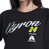 T-shirt court raglan noir William Byron Classic Play pour femme, modèle G-III 4Her de Carl Banks, avec bordure argentée.