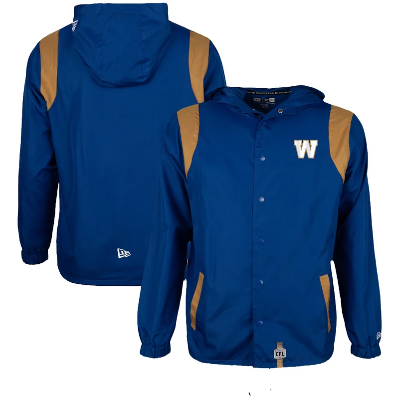 Veste d'entraîneur à boutons New Era pour homme, bleu, en tissu indéchirable, des Blue Bombers de Winnipeg