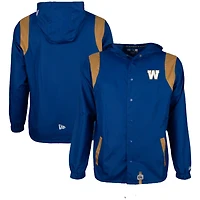 Veste d'entraîneur à boutons New Era pour homme, bleu, en tissu indéchirable, des Blue Bombers de Winnipeg