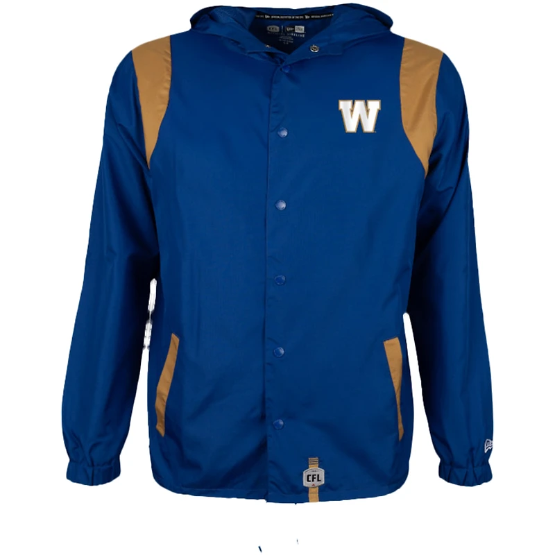 Veste d'entraîneur à boutons New Era pour homme, bleu, en tissu indéchirable, des Blue Bombers de Winnipeg
