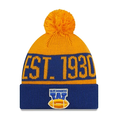 Bonnet en tricot à revers New Era bleu Winnipeg Blue Bombers Turf Traditions pour hommes avec pompon
