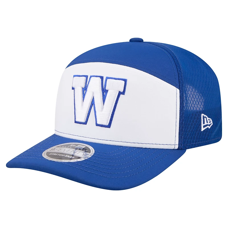 Casquette ajustable New Era blanche pour homme, modèle 2026 Sideline 9SEVETNTY des Blue Bombers de Winnipeg