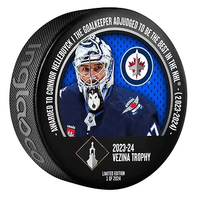 Connor Hellebuyck Winnipeg Jets Inglasco 2024 Vezina Trophy Winner Hockey Puck - Limited Edition 2024