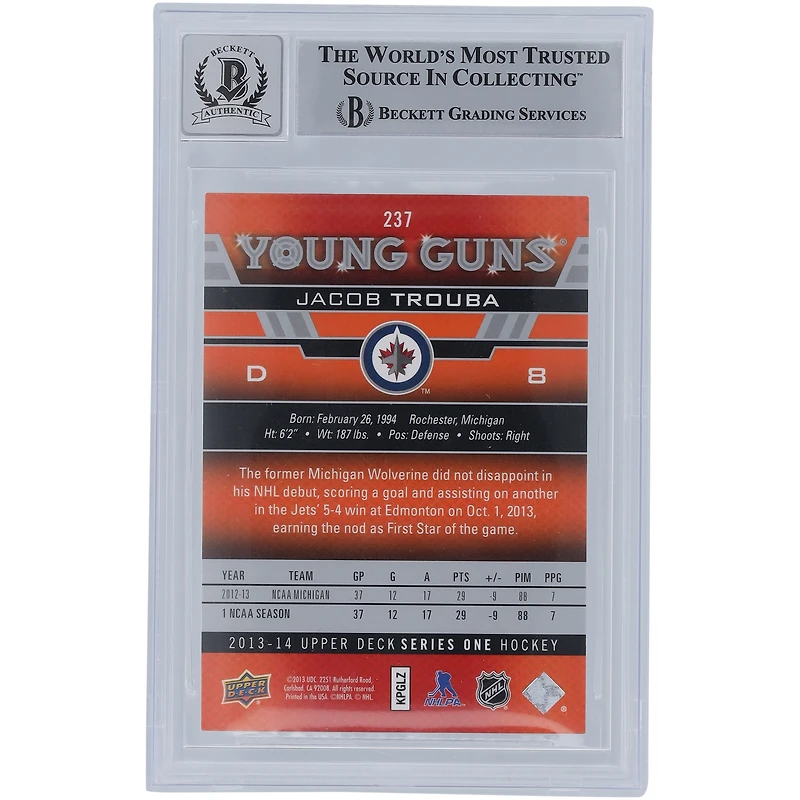 Jacob Trouba Winnipeg Jets Autographié 2013-14 Upper Deck Série 1 Young Guns #237 Beckett Fanatics Witnessed Authenticated 10 Rookie Card