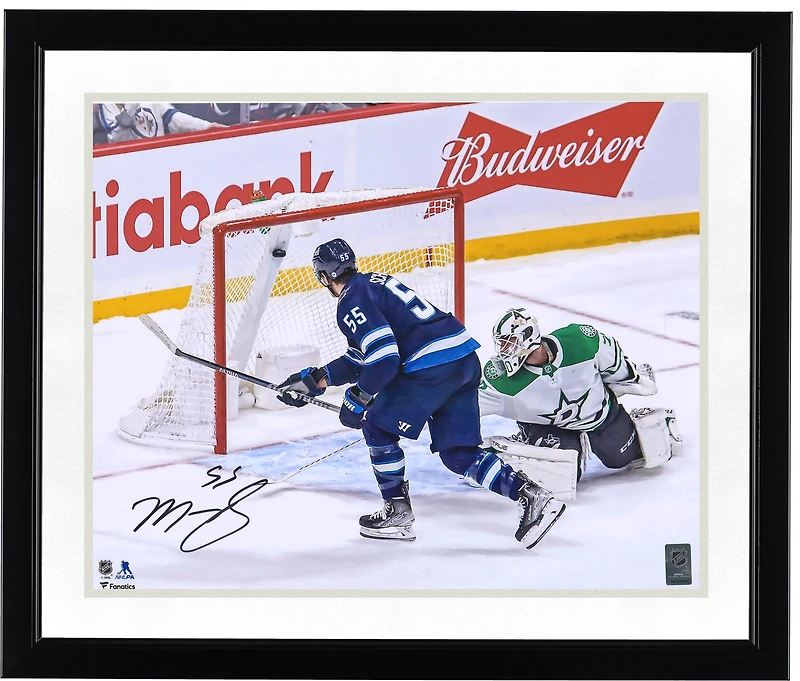 Mark Scheifele Winnipeg Jets dédicacé 16" x 20" Photographie de but en jersey bleu marine