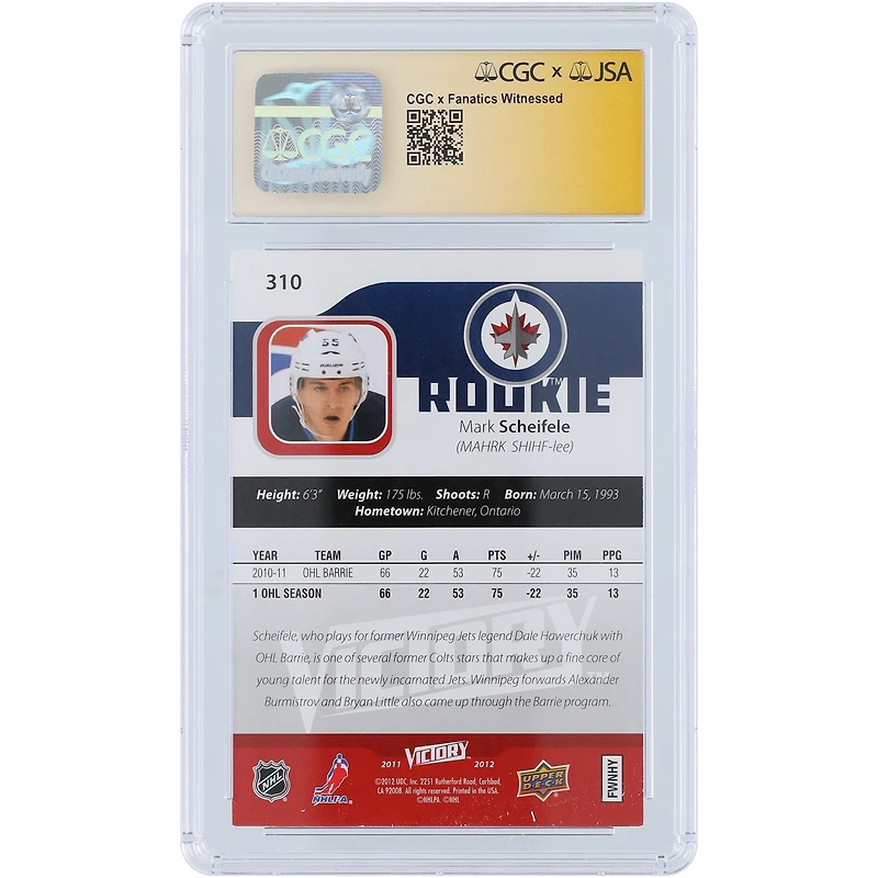 V106832 WinJet Mark Scheifele Winnipeg Jets autographié 2011-12 Upper Deck Victory # 310 CGC Fanatics Witnessed Authentifié 9/10 Rookie Card 55 Mark Scheifele AUT UPD TRADING CARDS 45642 AUTTRC CA01HK4456 #26