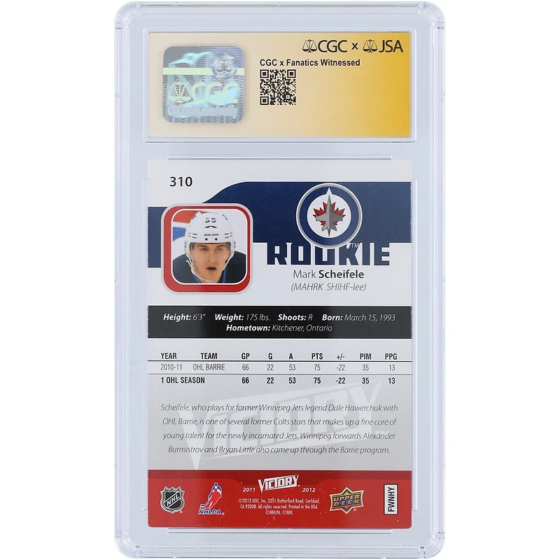 V106832 WinJet Mark Scheifele Winnipeg Jets Autographié 2011-12 Upper Deck Victory #310 CGC Fanatics Witnessed Authenticated Auto 10 Rookie Card 55 Mark Scheifele AUT UPD TRADING CARDS 45642 AUTTRC CA01HK4441 # 11