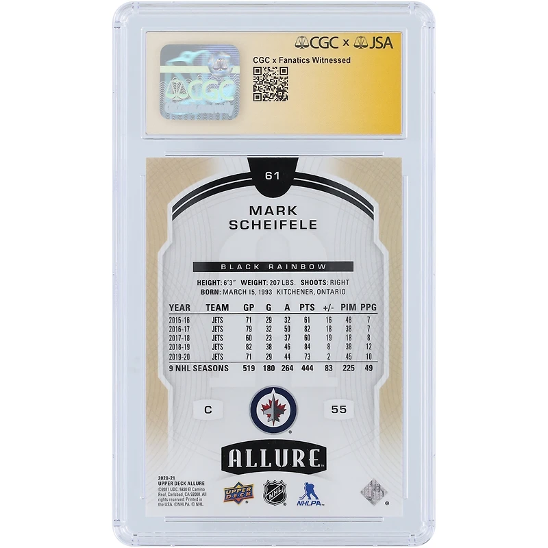 V106832 WinJet Mark Scheifele Winnipeg Jets Autographié 2020-21 Upper Deck Allure Black Rainbow #61 CGC Fanatics Witnessed Authentifié 9/10 Carte 55 Mark Scheifele AUT UPD CARTES À ÉCHANGER 45642 AUTTRC CA01HK4443 #13