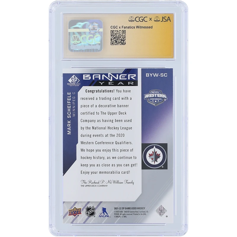 V106832 WinJet Mark Scheifele Winnipeg Jets Autographié 2020-21 Upper Deck SP Jeu Utilisé Bannière Année Conférence Ouest 2 Couleur Relique #BYW-SC CGC Fanatics Témoin Authentifié 9/10 Carte 55 Mark Scheifele AUT UPD CARTES À ÉCHANGER 45642 AUTTRC CA01HK4445 #15