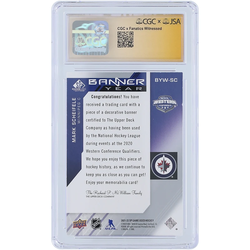 V106832 WinJet Mark Scheifele Winnipeg Jets Autographié 2021-22 Upper Deck SP Jeu Utilisé Bannière Année Conférence Ouest 2 Couleur Relique #BYW-SC CGC Fanatics Witnessed Authenticated Auto 10 Card 55 Mark Scheifele AUT UPD CARTES À ÉCHANGER 45642 AUTTRC CA01HK4450 #20