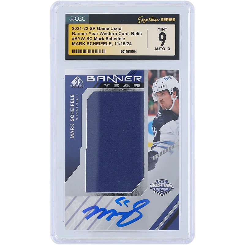 Mark Scheifele Winnipeg Jets Autographed 2021-22 Upper Deck SP Game Used Banner Year Western Conference Blue Relic #BYW-SC CGC Fanatics Witnessed Authenticated 9/10 Card