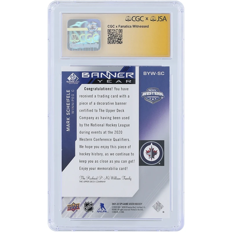 V106832 WinJet Mark Scheifele Winnipeg Jets Autographié 2021-22 Upper Deck SP Jeu Utilisé Bannière Année Conférence Ouest Blue Relic #BYW-SC CGC Fanatics Witnessed Authenticated Card 55 Mark Scheifele AUT UPD CARTES À ÉCHANGER 45642 AUTTRC CA01HK4452 #22