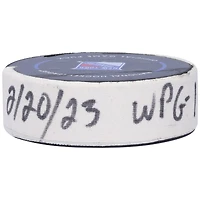 Rondelle de but utilisée par Mark Scheifele pour le match des Jets de Winnipeg du 20 février 2023 contre les Rangers de New York