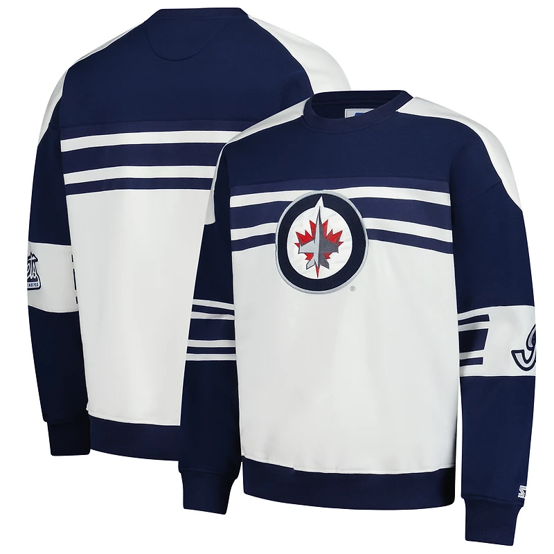 Men's Starter White Winnipeg Jets Defense Fleece Crewneck Pullover Sweatshirt