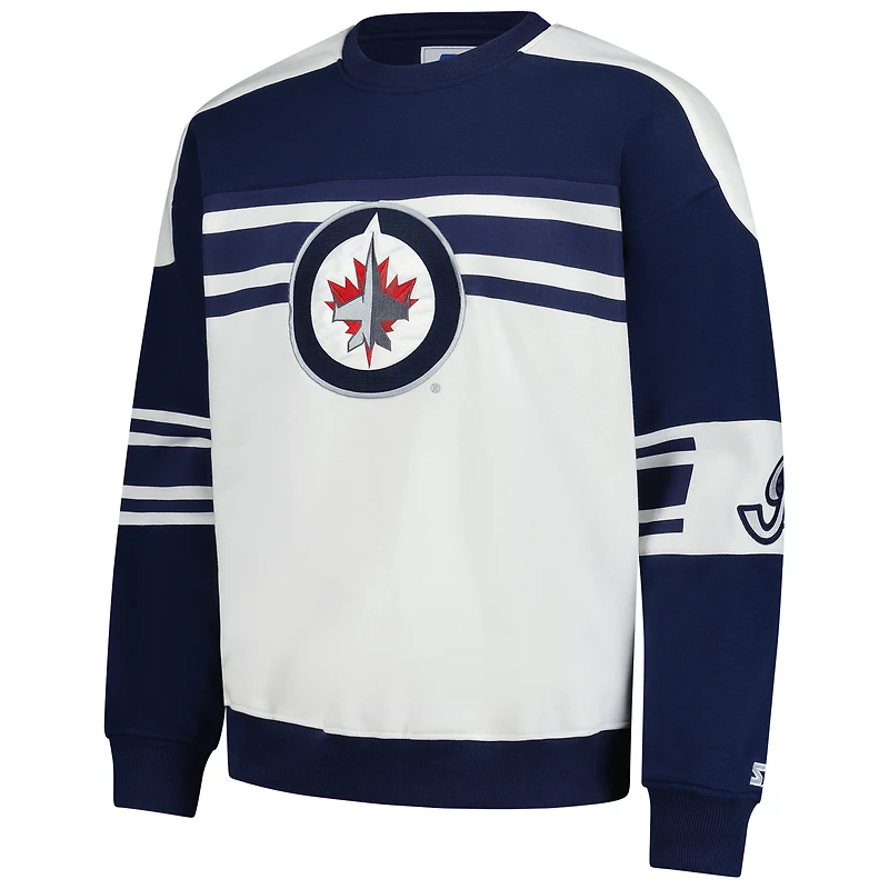 Men's Starter White Winnipeg Jets Defense Fleece Crewneck Pullover Sweatshirt