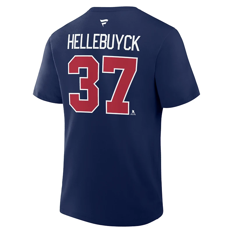 T-shirt authentique Fanatics Connor Hellebuyck bleu marine des Jets de Winnipeg avec nom et numéro superposés