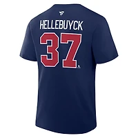 T-shirt authentique Fanatics Connor Hellebuyck bleu marine des Jets de Winnipeg avec nom et numéro superposés