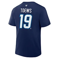 T-shirt Fanatics Jonathan Toews bleu marine authentique des Jets de Winnipeg avec nom et numéro Stack