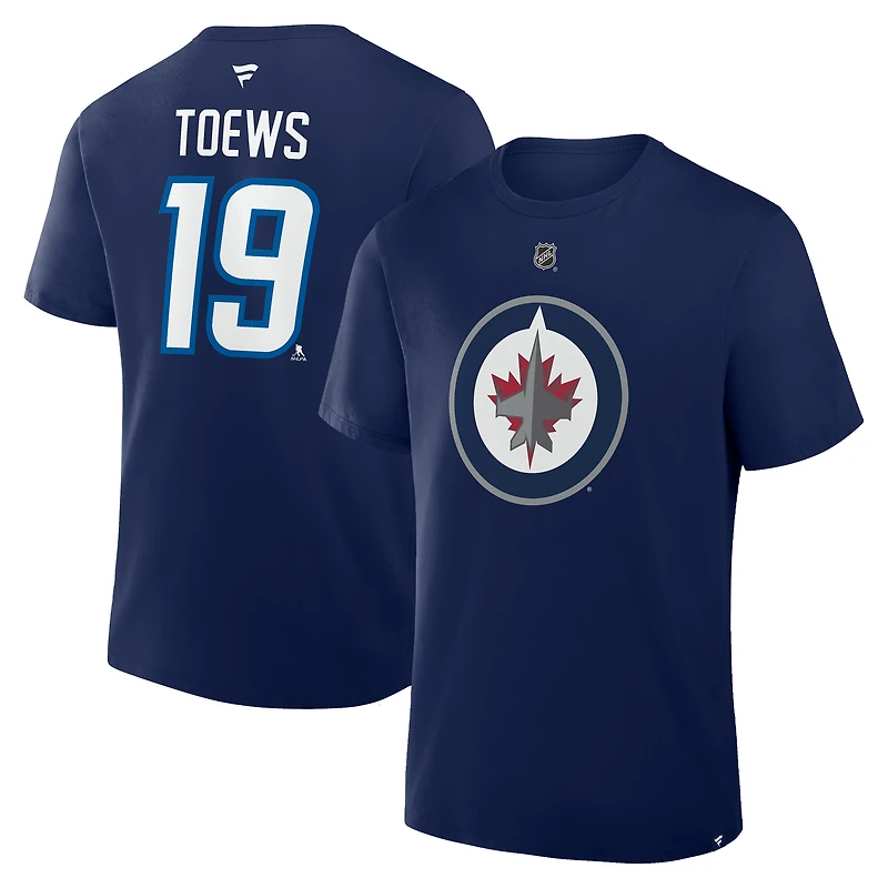 T-shirt Fanatics Jonathan Toews bleu marine authentique des Jets de Winnipeg avec nom et numéro Stack