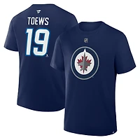 T-shirt Fanatics Jonathan Toews bleu marine authentique des Jets de Winnipeg avec nom et numéro Stack
