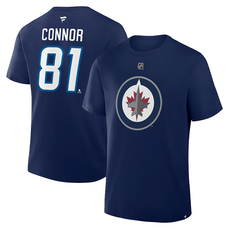 T-shirt Fanatics Kyle Connor bleu marine authentique des Jets de Winnipeg avec nom et numéro Stack