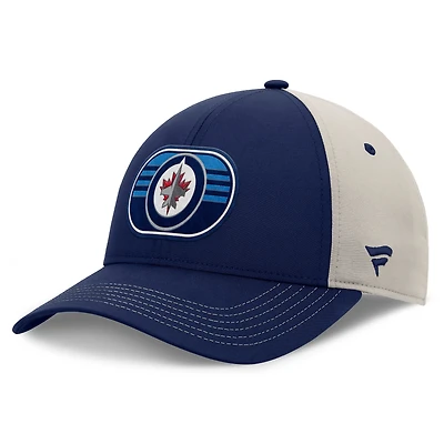 Casquette ajustable structurée Fanatics pour homme, bleu marine/gris, des Jets de Winnipeg, séries éliminatoires de la Coupe Stanley 2025, vestiaire
