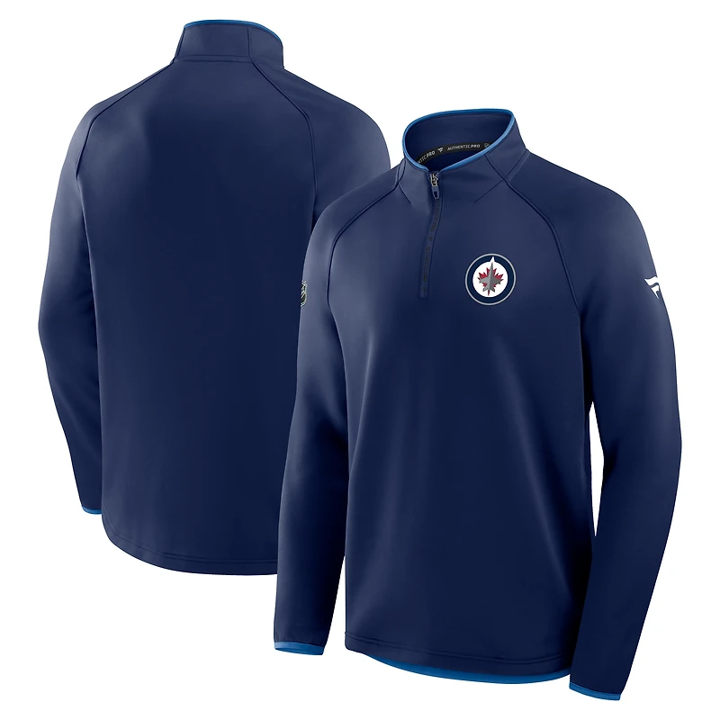 Pull raglan à quart de zip Authentic Pro Rink pour homme, bleu marine, Fanatics des Jets Winnipeg