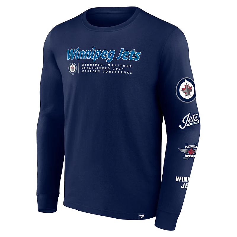 T-shirt à manches longues Fanatics Navy Winnipeg Jets Strike the Goal pour hommes