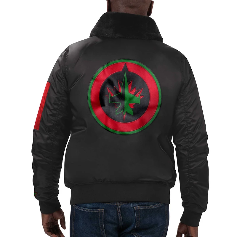 Veste pour homme Starter x Ty Mopkins Noir Mois de l'histoire des Jets Winnipeg Satin - à glissière pleine longueur