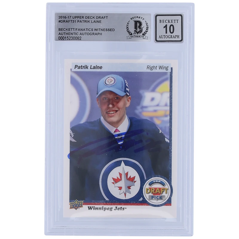Carte de recrue numéro 10 autographiée par Patrik Laine des Jets de Winnipeg au repêchage Upper Deck 2016-17 #DRAFT-31 Beckett Fanatics