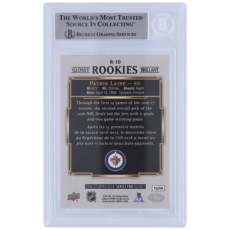 Carte 10 autographiée Upper Deck Artifacts Aurum #A-16 Beckett Fanatics Witnessed 2019-20 des Jets de Winnipeg de Patrik Laine