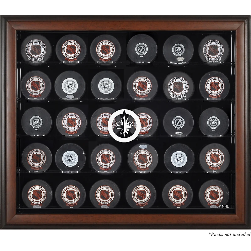 Vitrine de présentation encadrée marron avec 30 logos de rondelles de hockey des Jets de Winnipeg