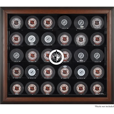 Vitrine de présentation encadrée marron avec 30 logos de rondelles de hockey des Jets de Winnipeg