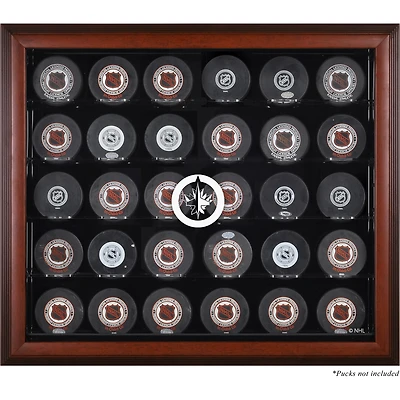 Vitrine de présentation encadrée en acajou avec 30 logos de rondelles de hockey des Jets de Winnipeg