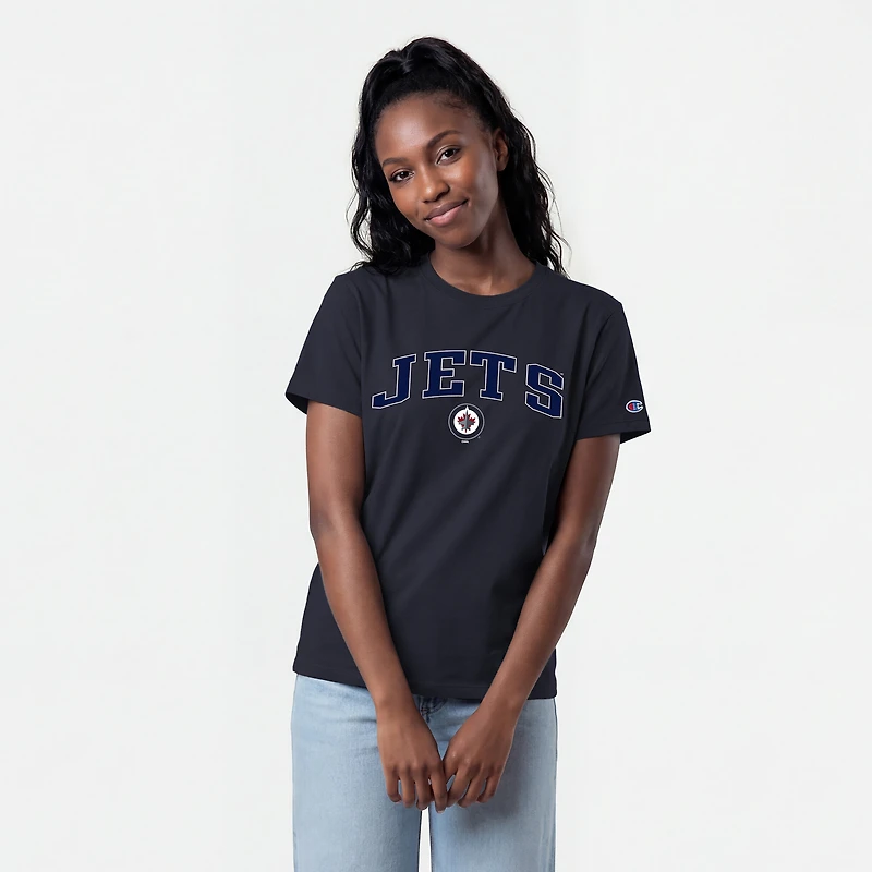 T-shirt Champion pour femmes avec logo de la mascotte des Jets Winnipeg, bleu marine