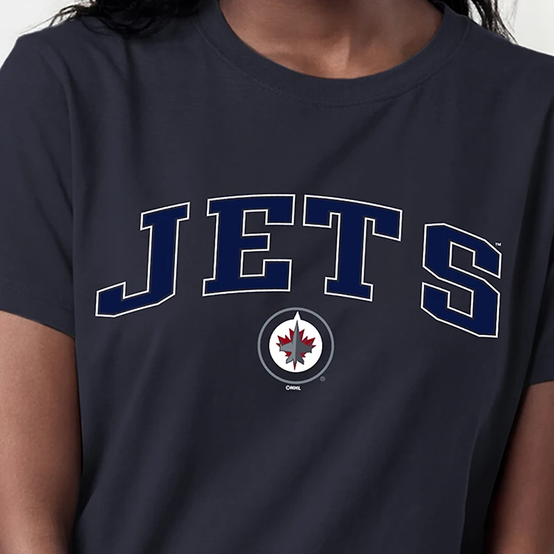 T-shirt Champion pour femmes avec logo de la mascotte des Jets Winnipeg, bleu marine