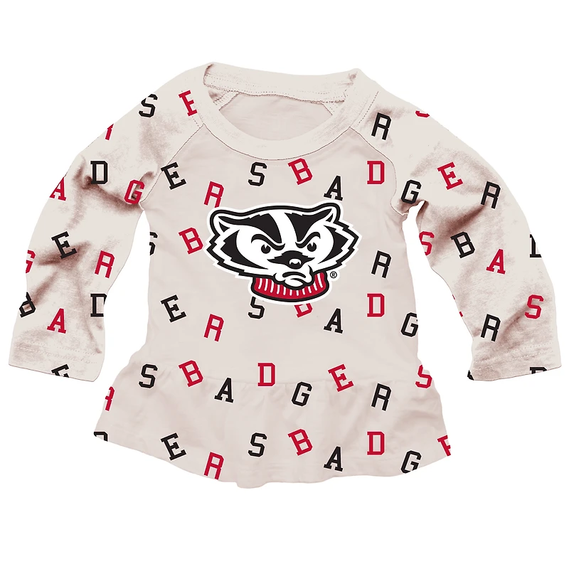 Girls Infant Wes & Willy Oatmeal Wisconsin Badgers Ruffle Raglan Long Sleeve T-Shirt Leggings Set