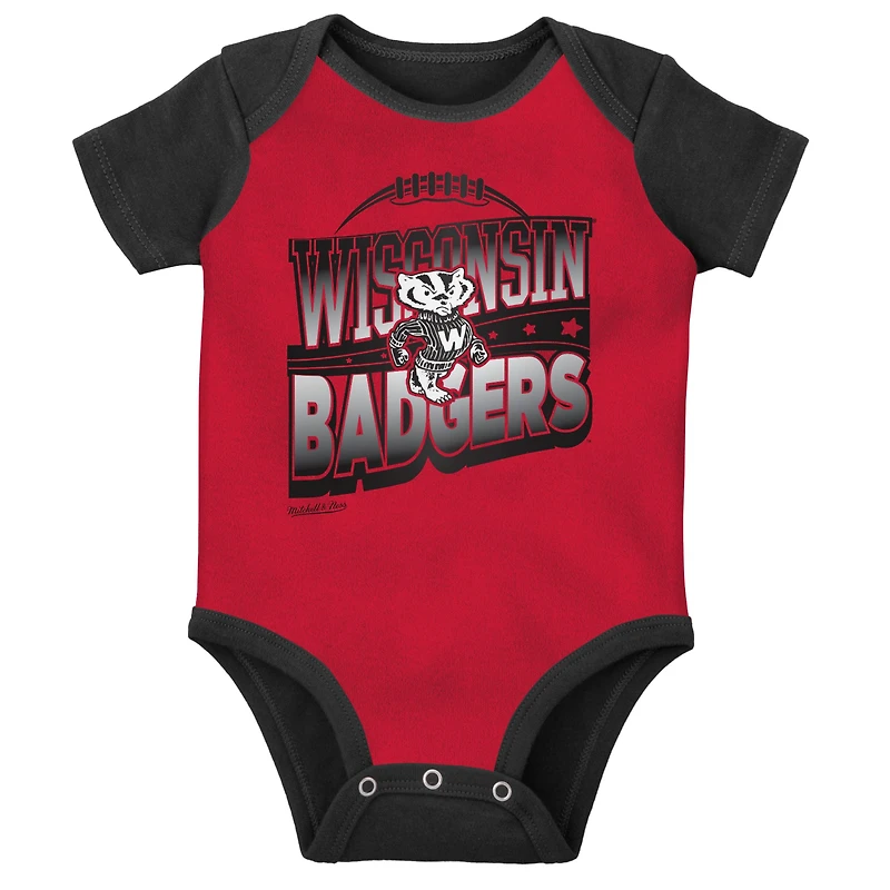 Infant Mitchell & Ness Black/Red Wisconsin Badgers 3-Pack Bodysuit, Bib and Bootie Set