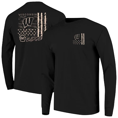 T-shirt à manches longues noir pour homme Wisconsin Badgers OHT Camo Overlay Comfort Colors
