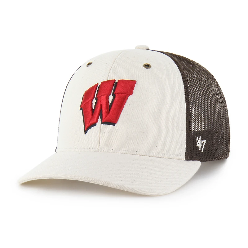 Casquette trucker ajustable Carhartt x '47 pour homme, coloris naturel/marron, motif Wisconsin Badgers.