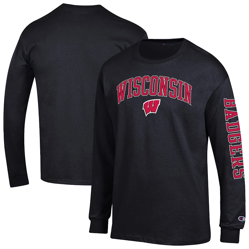 T-shirt à manches longues noir Champion Wisconsin Badgers pour homme avec logo Arch Over 2-Hit