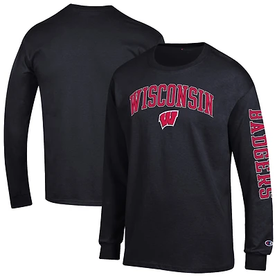 T-shirt à manches longues noir Champion Wisconsin Badgers pour homme avec logo Arch Over 2-Hit
