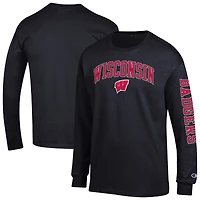 T-shirt à manches longues noir Champion Wisconsin Badgers pour homme avec logo Arch Over 2-Hit