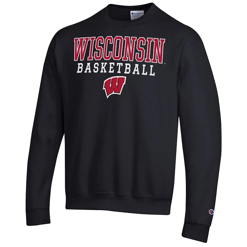 Men's Champion Black Wisconsin Badgers Basketball Stack Pullover Crewneck Sweatshirt