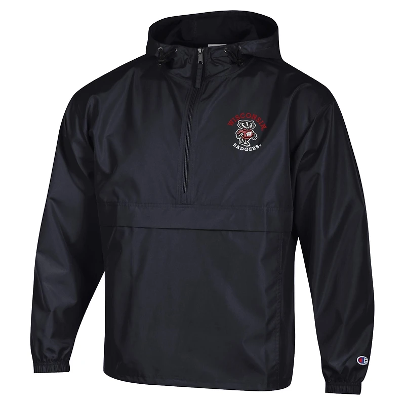 Veste coupe-vent à capuche pliable demi-zip Champion pour homme, noire, Wisconsin Badgers